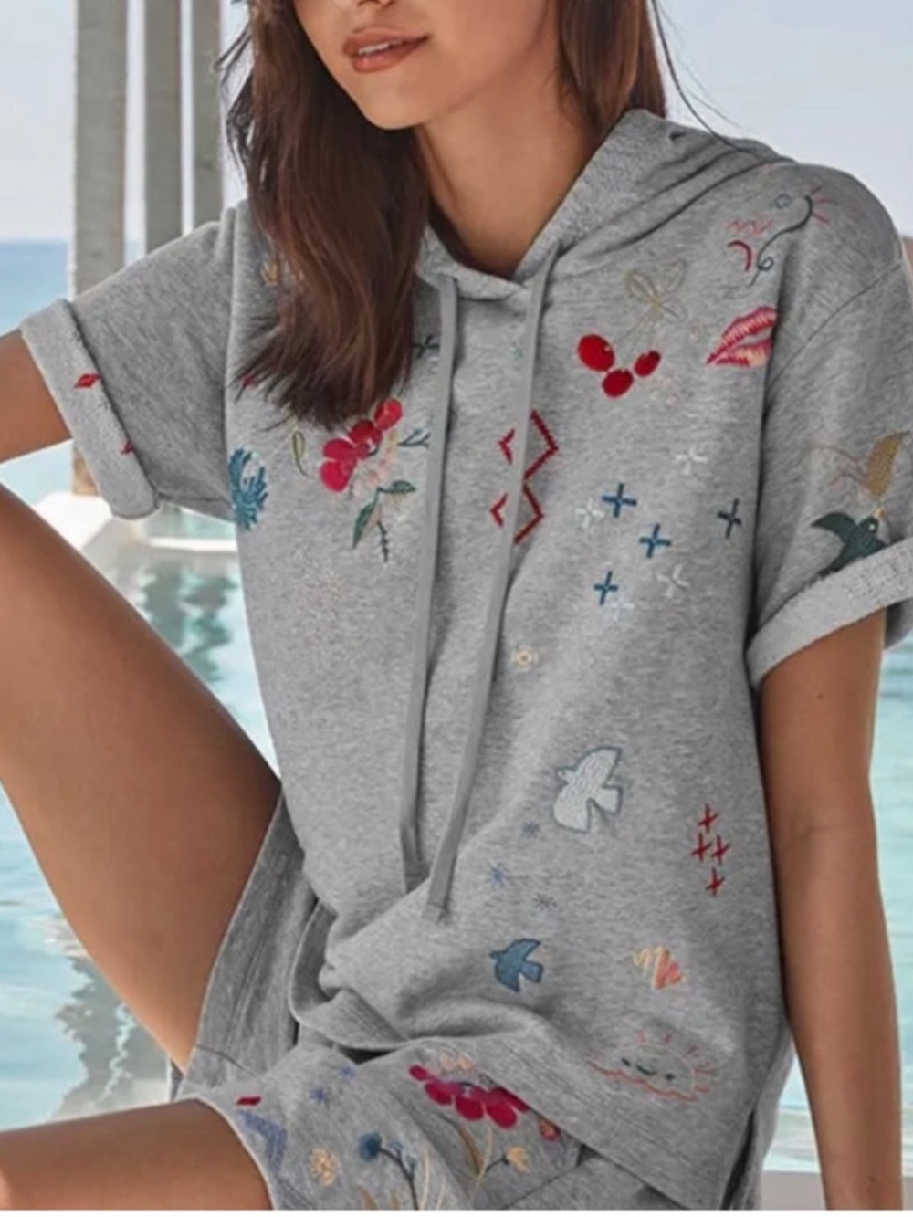 Johnny Was • Grey Cleo Short Sleeve French Terry Embroidered Sweatshirt • Size M